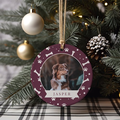 Holiday Dog Bone  Pawprint Personalized Pet Photo Ceramic Ornament