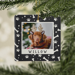 Holiday Dog Bone & Pawprint Personalized Pet Photo Ceramic Ornament