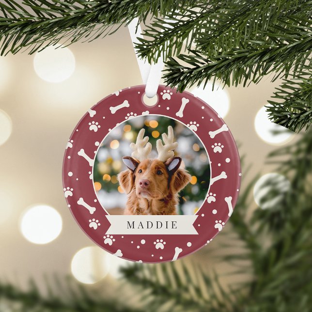 Holiday Dog Bone & Pawprint Personalized Pet Photo Ornament (Creator Uploaded)