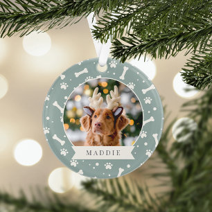 Holiday Dog Bone & Pawprint Personalized Pet Photo Ornament