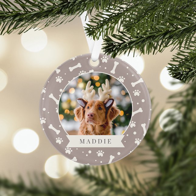Holiday Dog Bone & Pawprint Personalized Pet Photo Ornament (Creator Uploaded)
