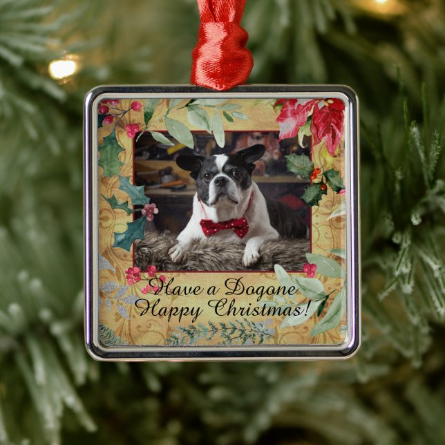 Holiday Dog Photo with Festive Christmas Florals Metal Ornament (Tree)