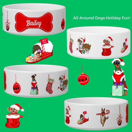 Holiday Dogs With Dog Toys Personalized Bowl