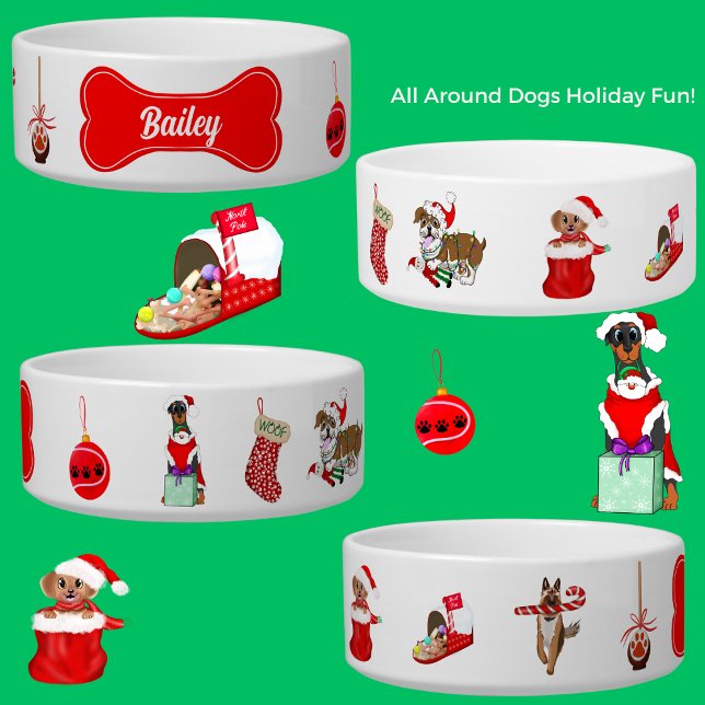 Holiday Dogs With Dog Toys Personalized Bowl (This cute Christmas dogs design is just a perfect addition to your holiday decorations for your dog!)