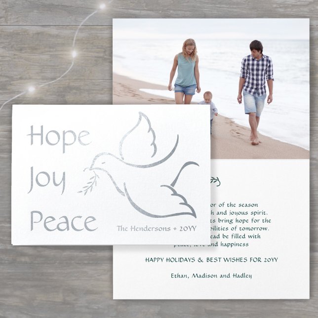 Holiday Dove Hope Joy Peace Green Typography Photo Foil Card (Creator Uploaded)