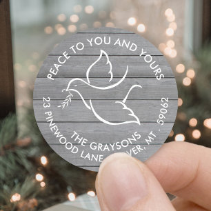 Holiday Dove Peace Wishes Gray Wood Return Address Classic Round Sticker