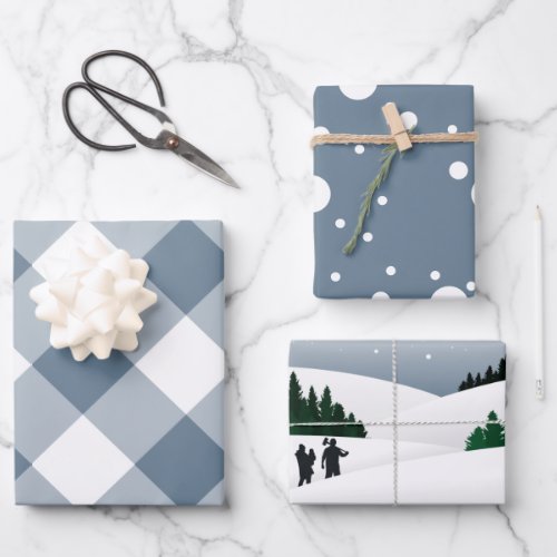 Holiday Dusty Blue Plaid and Winter Snow Woodland Wrapping Paper Sheets