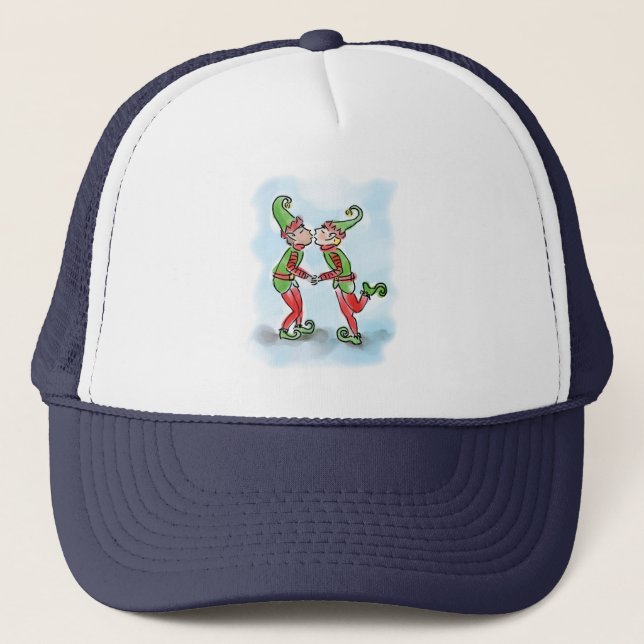 Holiday Elves Kissing Trucker Hat (Front)