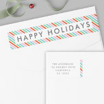 Holiday Envelope Wrap Label | Christmas Stripe<br><div class="desc">A beautiful and cute diagonal Christmas candy stripe return address envelope wrap around label in striking shades of red, green, blue, and pink. Designed in a modern Scandinavian “scandi” style, this cheerful pattern brings a playful yet sophisticated look to your festive mail. The “Happy Holidays” greeting, family name, and address...</div>