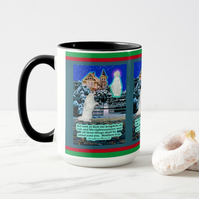Holiday Eskie and Angel Scripture Matthew 6:33 Mug (With Donut)