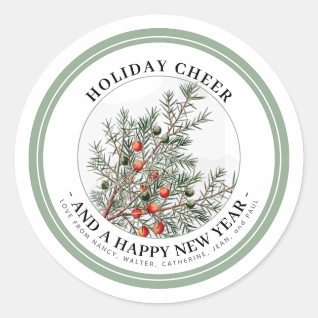 Holiday Evergreen Berries Personalized Sentiment   Classic Round Sticker (Front)