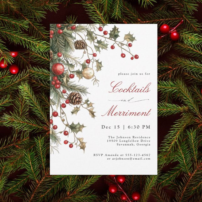 Holiday Evergreens and Berries Cocktail Party Invitation (Creator Uploaded)