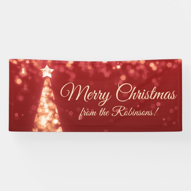 Holiday Family Name Gold Red Christmas Lights Banner (Horizontal)