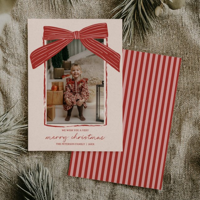 Holiday Family Photo Card Christmas Bow Stripe (Creator Uploaded)
