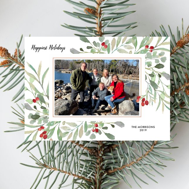 Holiday Family Photo Collage Botanical Watercolor Card (Creator Uploaded)