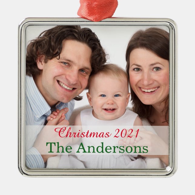 Holiday Family photo template customized Metal Ornament (Front)