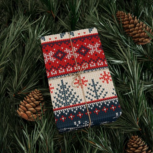 Holiday Faux Knit Christmas Red Navy Pattern Wrapping Paper