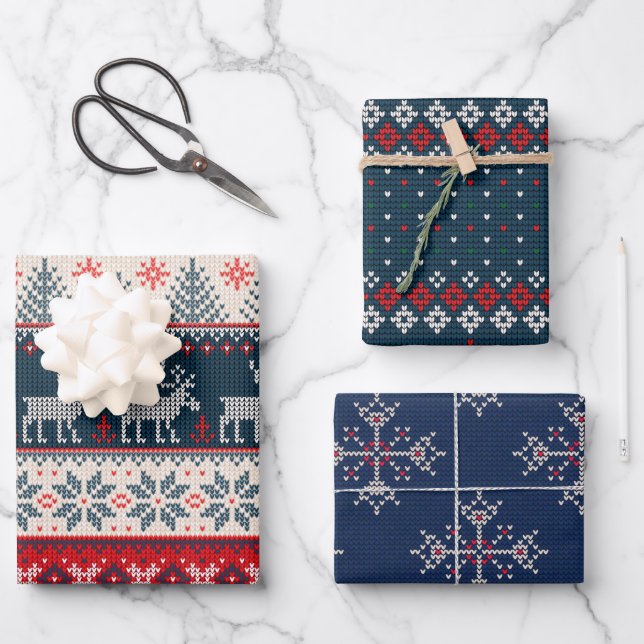 Holiday Faux Knit Pattern Christmas Personalized Wrapping Paper Sheets (Front)