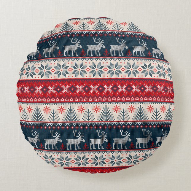 Holiday Faux Knit Pattern Nordic Theme Christmas Round Pillow (Front)