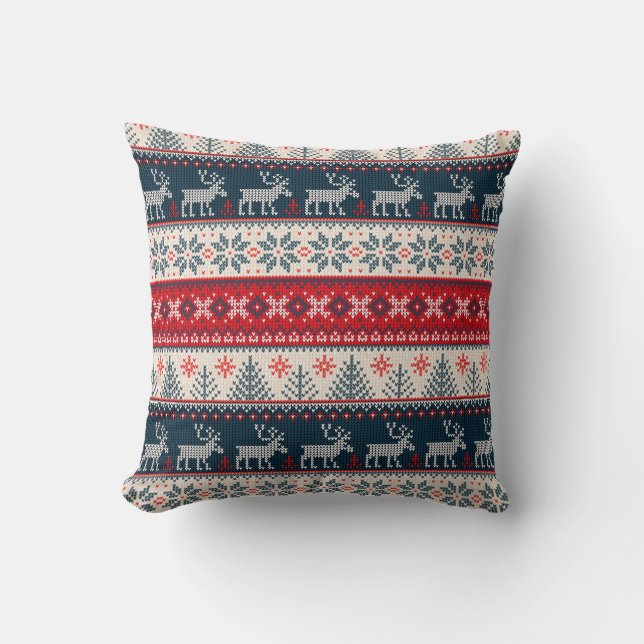 Holiday Faux Knit Pattern Nordic Theme Christmas Throw Pillow (Front)