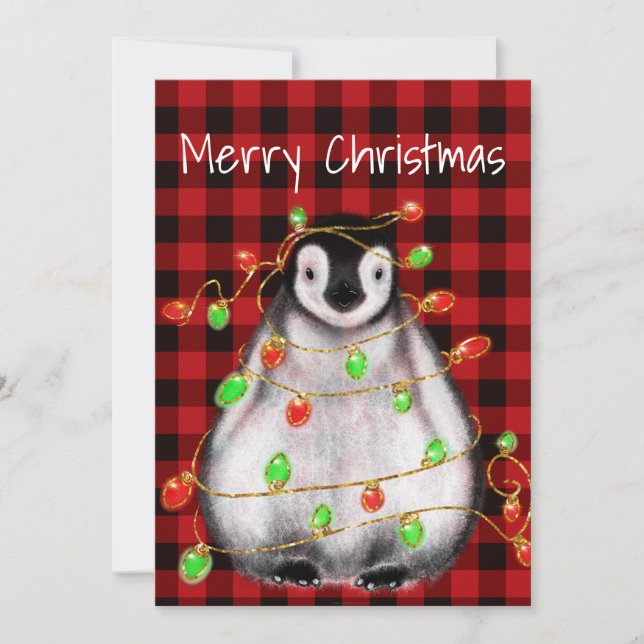 Holiday Festive Penguin, twinkle red green lights (Front)