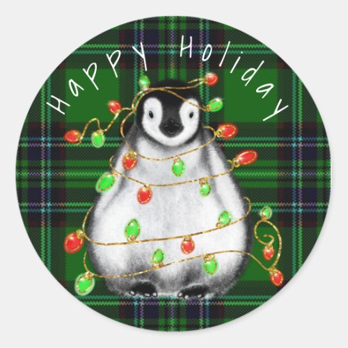 Holiday Festive Penguin twinkle red green lights Classic Round Sticker