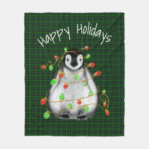 Holiday Festive Penguin, twinkle red green lights Fleece Blanket