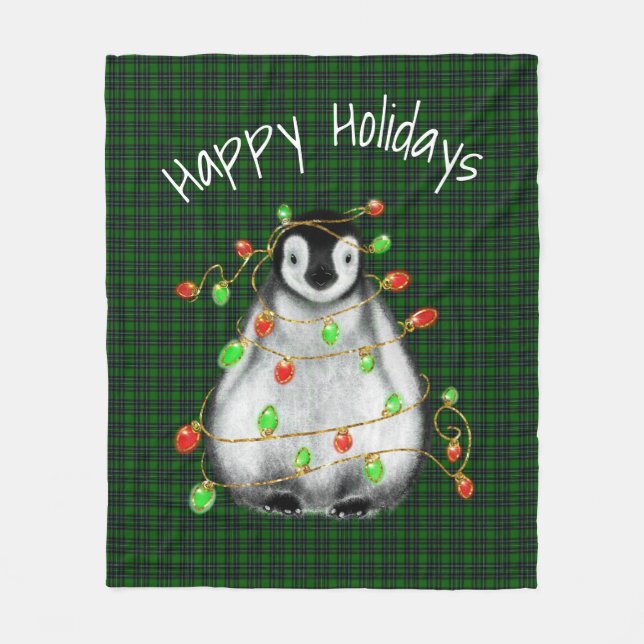 Holiday Festive Penguin, twinkle red green lights  Fleece Blanket (Front)