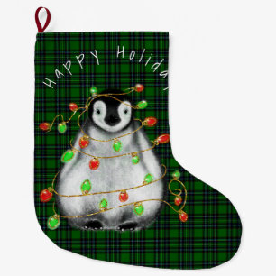Holiday Festive Penguin, twinkle red green lights Large Christmas Stocking