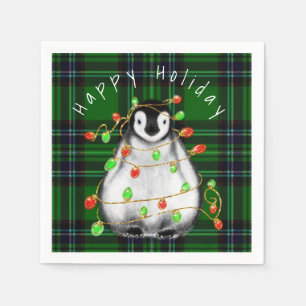 Holiday Festive Penguin, twinkle red green lights Napkins