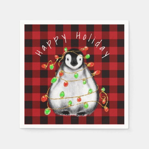 Holiday Festive Penguin twinkle red green lights Napkins