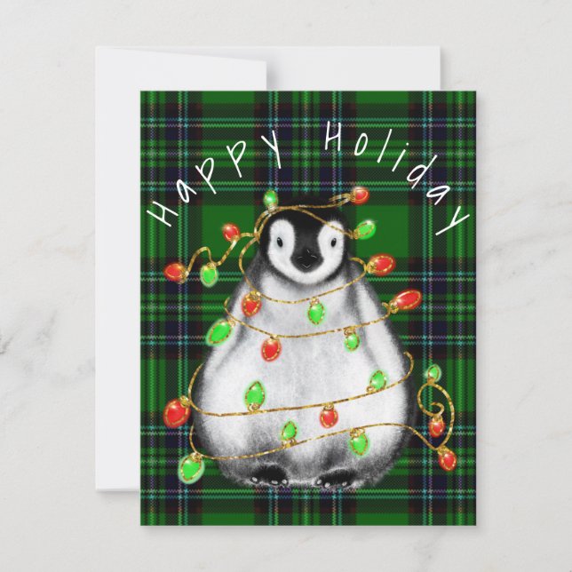 Holiday Festive Penguin, twinkle red green lights  Note Card (Front)