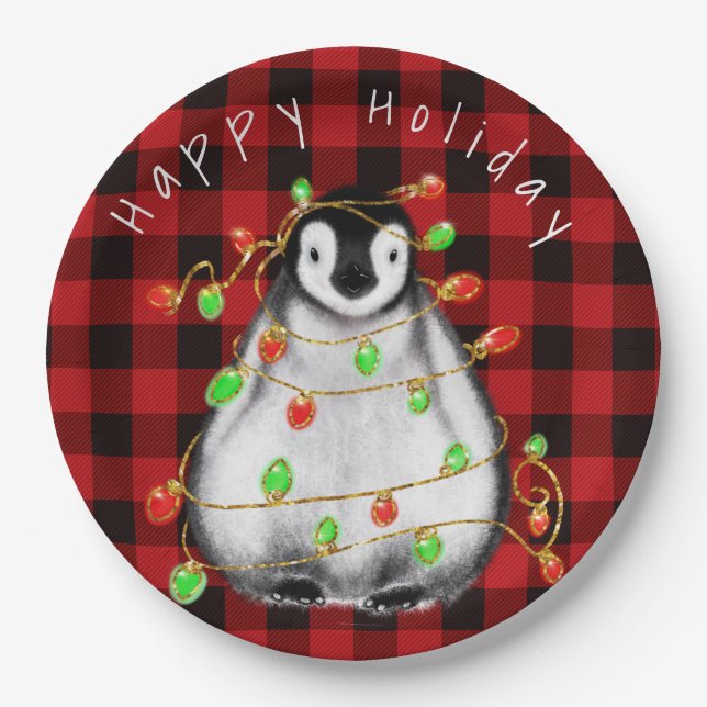 Holiday Festive Penguin, twinkle red green lights Paper Plates (Front)