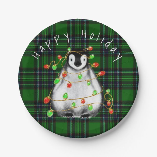 Holiday Festive Penguin, twinkle red green lights Paper Plates (Front)