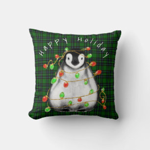 Holiday Festive Penguin, twinkle red green lights  Throw Pillow