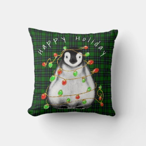 Holiday Festive Penguin twinkle red green lights  Throw Pillow