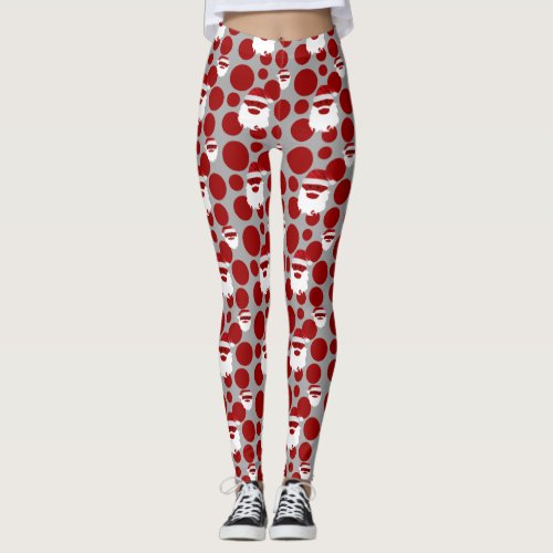 Holiday Festive Santa Heads  Red Polka Dots Leggings