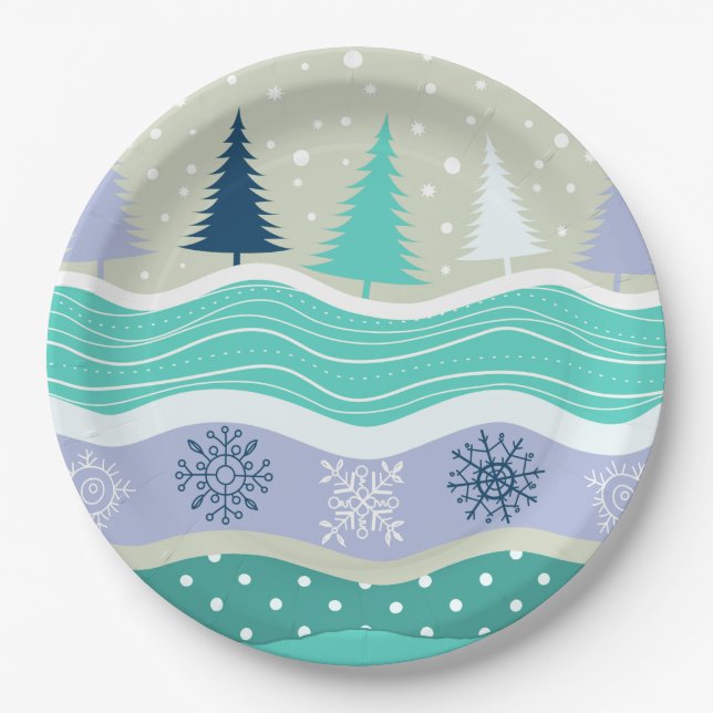 Holiday Fir Trees Snowflakes Snow Christmas Paper Plates (Front)