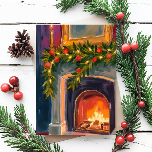 Holiday Fireplace Christmas Garland Painted Card
