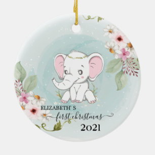 Holiday First Christmas Baby Elephant Flowers Ceramic Ornament