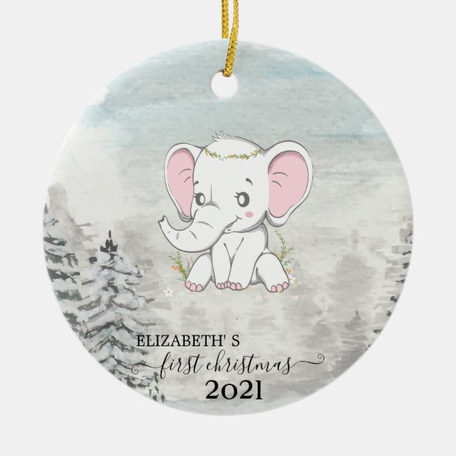 Holiday First Christmas Baby Elephant Pine Tree Ceramic Ornament (Front)