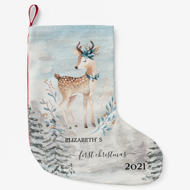 Holiday First Christmas Baby Reindeer Small Christmas Stocking (Front)