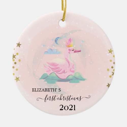 Holiday First Christmas Baby Swan Crown Stars Ceramic Ornament