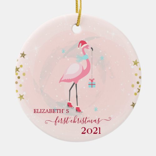 Holiday First Christmas Pink Flamingo Santa Hat Ceramic Ornament