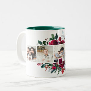 Holiday Floral 5 Photo Collage Monogram Christmas Two-Tone Coffee Mug