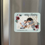 Holiday Floral Christmas Photo Magnet<br><div class="desc">Custom magnetic holiday photo cards with simple templates for customization. This festive design features an elegant watercolor floral border in red, green and burgundy colors on a mint background. The text reads "Merry Christmas" in a modern calligraphy script font. Personalize it with your photos, name, the year or other custom...</div>