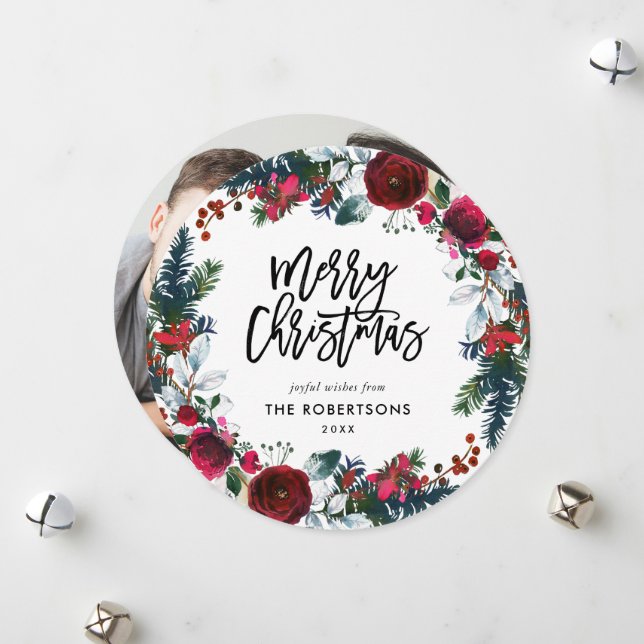 Holiday Floral Christmas Wreath Circle Photo Card (Front/Back In Situ)
