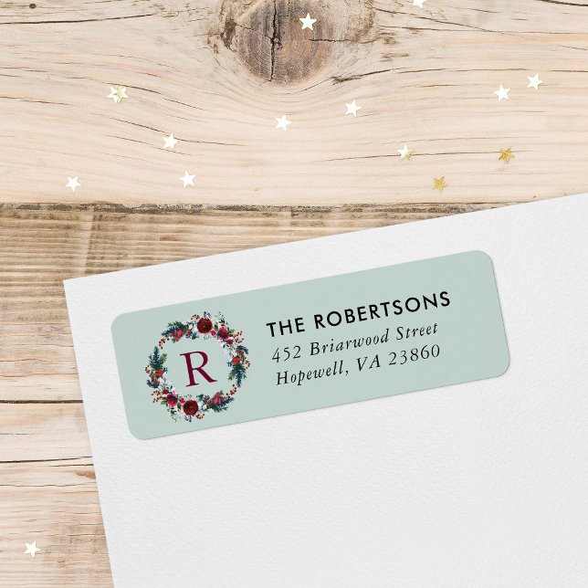 Holiday Floral Christmas Wreath Monogram Address Label (Creator Uploaded)
