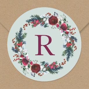 Holiday Floral Christmas Wreath Monogram Classic Round Sticker