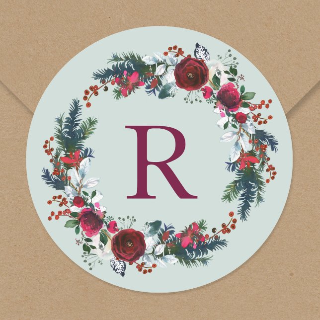 Holiday Floral Christmas Wreath Monogram Classic Round Sticker (Creator Uploaded)